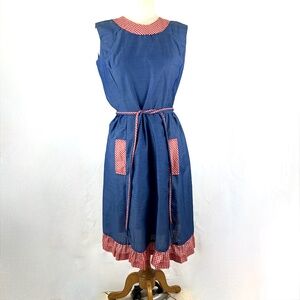 Vintage 1960s Swirl Wrap House Dress M Blue with Red Gingham Trim Excellent